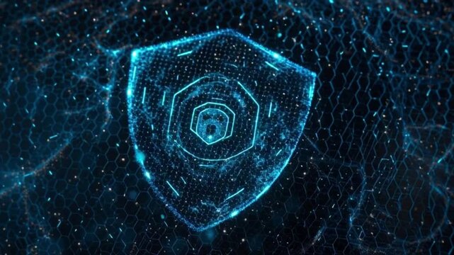 Digital shield emblem with secure network particles and hexagonal pattern representing cyber security and data protection concepts