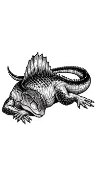 Detailed hand drawn illustration of a sailfin lizard in black and white ink style.