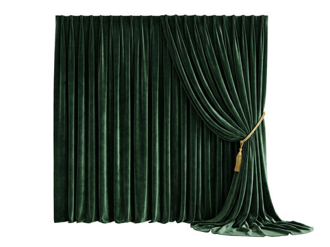 Dark green velvet curtain with gold tassel tieback isolated on transparent background