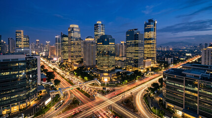 Fototapeta premium Skyline Night Cityscape Urban Development Traffic Aerial View