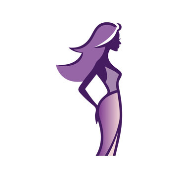 Logo de boutique de moda femenina. Dibujo con silueta de mujer de pie de perfil, con el pelo con ondas, un vestido y una mano en la cadera