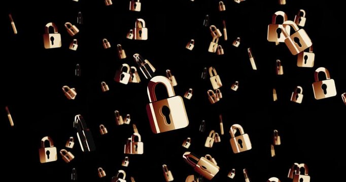 Conceptual image of cyber security and digital data protection symbol rain fall loop. Abstract 3d golden metal rotated icon seamless and loopable falling animation.
