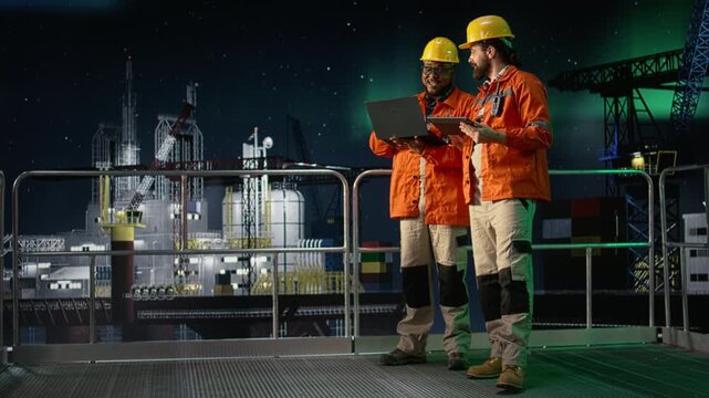 Analyzing oil crisis logistics, laptop and drilling barge engineering team men under green aurora borealis while working together, blockade strategy and offshore rig colleagues, for energy operations.