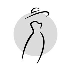 Logo de boutique de moda femenina. Dibujo minimalista con líneas de un vestido largo y elegante de mujer y un sombrero de ala ancha, con un círculo de fondo  © teracreonte