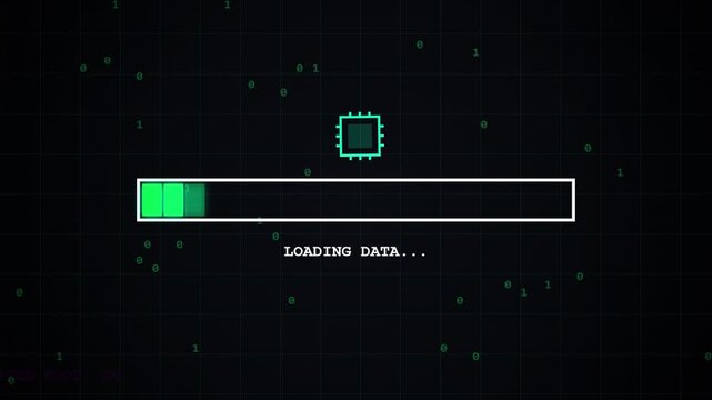 Retro video game loading screen with green progress bar and pixelated heart icon