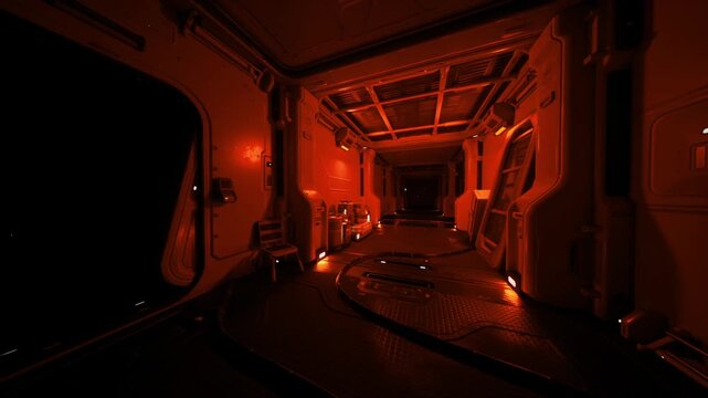 Red emergencylit corridor leading to escape pod access, clamp fixtures and empty seats visible, readiness vibe and tense prelaunch stillness in compact bay.