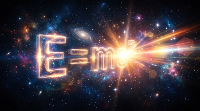 Physics Equation E=mc&sup2; Illuminated in Dynamic Cosmic Background with Light Burst