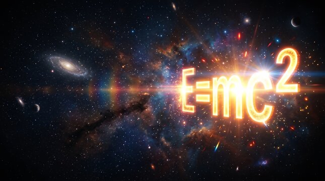 Cosmic E=mc&sup2; formula glowing brightly in universe, symbolizing energy mass equivalence
