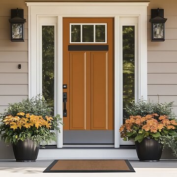 Brown front door with transom window and plants on porch.