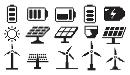Pixel art solar energy icons set, wind turbines batteries sun power elements, renewable energy technology symbols retro game style vector collection © Alamin by vision 2