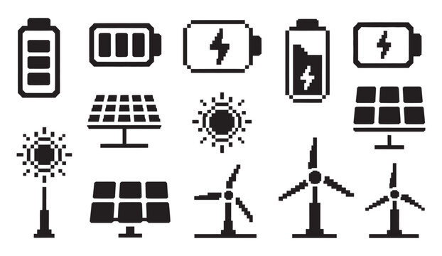 Pixel art solar energy icons set, wind turbines batteries sun power elements, renewable energy technology symbols retro game style vector collection