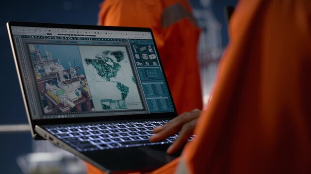 Circumventing fuel extraction operations embargo, map on laptop and offshore platform workers while searching for alternate maritime routes, oil crisis and drilling rig colleagues.