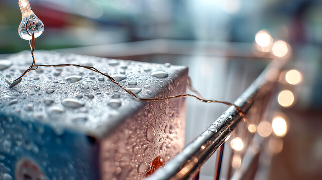 Water droplets on box with fairy lights, festive and damp