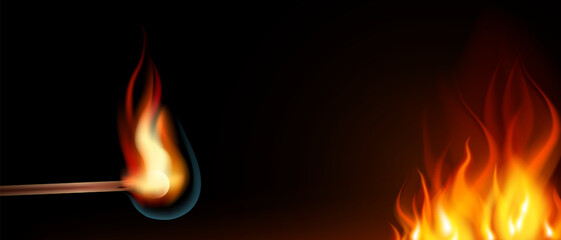 Fototapeta premium Fire flame lit match, Hot bright flame conflagration arson, Gradient mesh match burning realistic