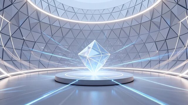 Futuristic spherical dome with triangular panels and glowing circular platform holding floating crystal