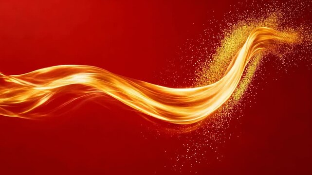 Golden fluid ribbon with floating particles on deep red background