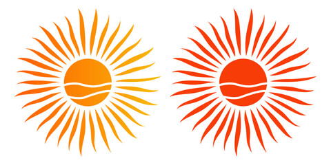 Logotipo abstracto de sol. Iconos de sol con centro circular con dos lineas onduladas horizontales y con rayos ondulados alrededor, en dos paletas diferentes de color 