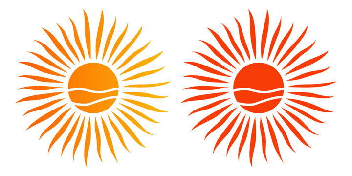 Logotipo abstracto de sol. Iconos de sol con centro circular con dos lineas onduladas horizontales y con rayos ondulados alrededor, en dos paletas diferentes de color 