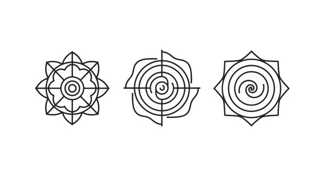Minimalist set of three black line art icons featuring a stylized geometric floral mandala, a circular spiral pattern with crosshair axis lines, and an eight-pointed star with a spiral.