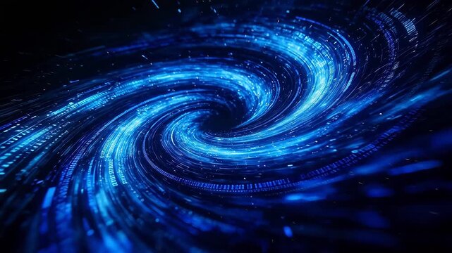 Blue spiral vortex with glowing light bands and dark center on dark background