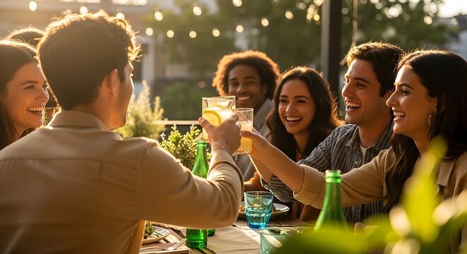 Diverse group of happy friends toasting with drinks at an outdoor sunset dinner party.