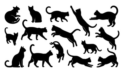 Cute Cat Silhouette Bundle with Different Poses and Actions © Songkari
