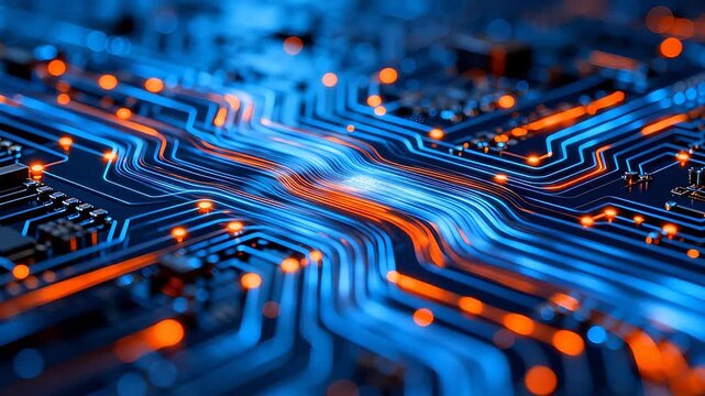 Close-up of electronic circuit board with glowing orange and blue interconnected traces