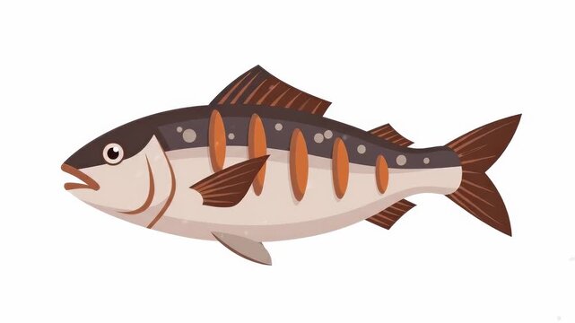 Panning shot of cartoon fish swimming across white background in isolated side profile loop. slow tracking movement with flat brown and beige color palette for animation study.