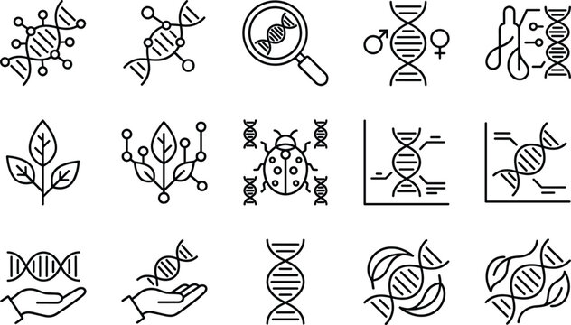Genetics and Biotechnology Icon Set with DNA Helix Plant Breeding and Laboratory Research Outline Symbols