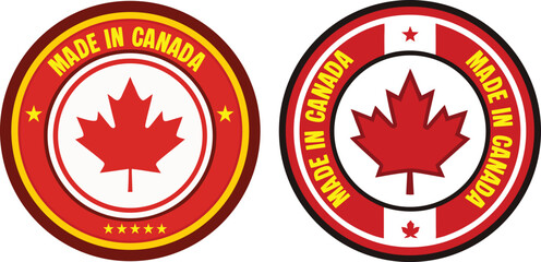 Fototapeta premium Made in Canada Premium Quality Certification Badge Featuring Bold Red Maple Leaf Emblem with Elegant Gold Circular Border Design Symbolizing Authentic Canadian Manufacturing Excellence and National Pr