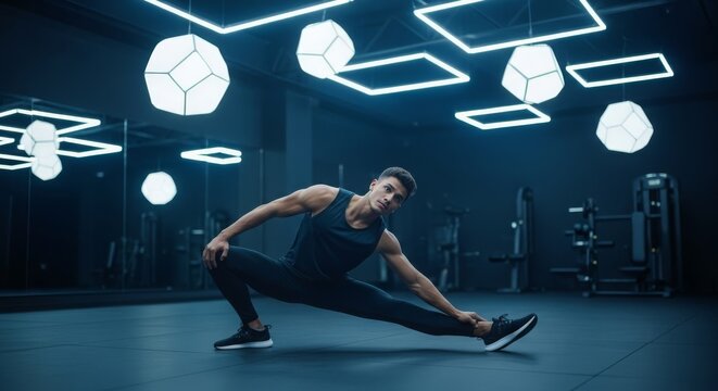Fit athlete performs deep hamstring stretch in a modern, well-lit gym with geometric ceiling lights