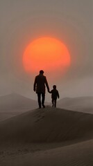 Fototapeta premium A silhouette of a child holding their parent's hand walking toward a massive glowing sun amidst thick atmospheric fog with warm monochromatic cinematic lighting depth