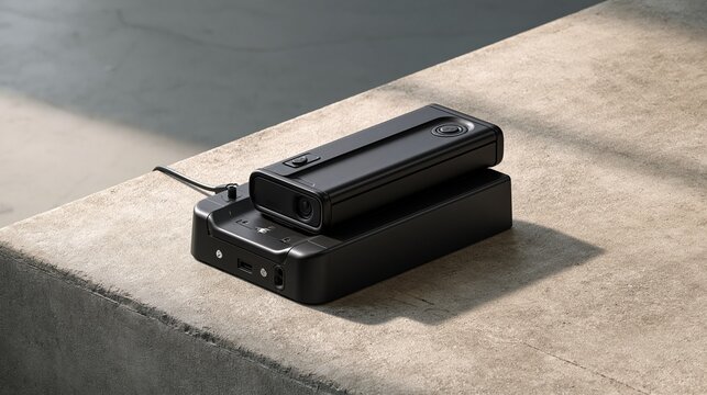 Detailed medium shot capturing the streamlined foldable ebike battery resting on an elegant minimalist charger illuminated by highkey lighting and positioned on textured concrete