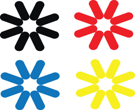 Four colored floral asterisk or gear shapes arranged in a grid pattern