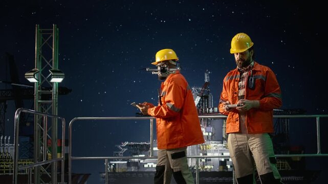 Using drones to find fossil reserves, oil crisis and offshore platform engineers while circumventing blockade, aerial reconnaissance technology and drilling barge workers, for energy operations.