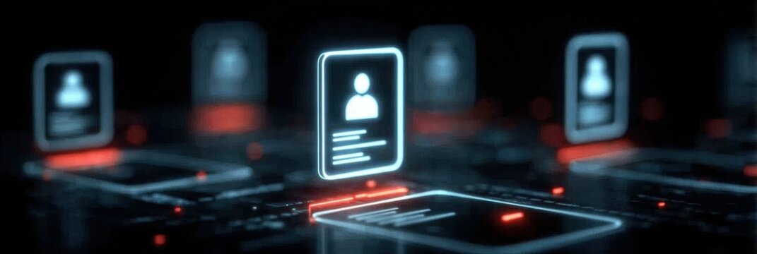A glowing interface manages identity and privacy as biometric verification grants authentication and protection to ensure total security and user safety at all times.