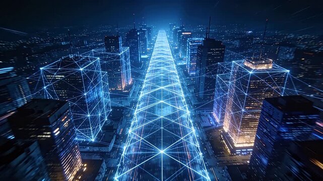 Futuristic city skyline with blue geometric glowing network over buildings