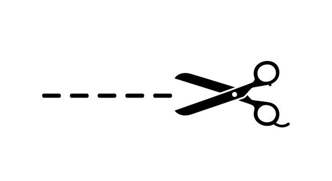 Illustration of scissors cutting a dashed line, symbolizing cutting, separation, or a division in a design or process