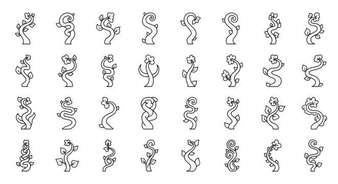 Minimalist outline icon set featuring various magical beanstalks and climbing vines. Black and white linear illustrations of plant stalks with leaves and swirls on white background.