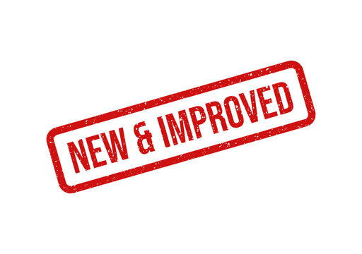 Red new and improved stamp with bold text