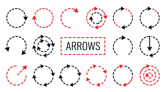 A collection of circular dashed vector arrow illustrations featuring black and red stroke design elements