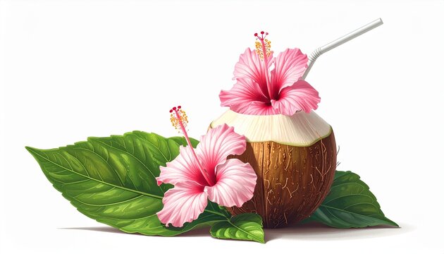 Summer vacation travel concept with coconut cocktail and pink hibiscus flowers on tropical leaves