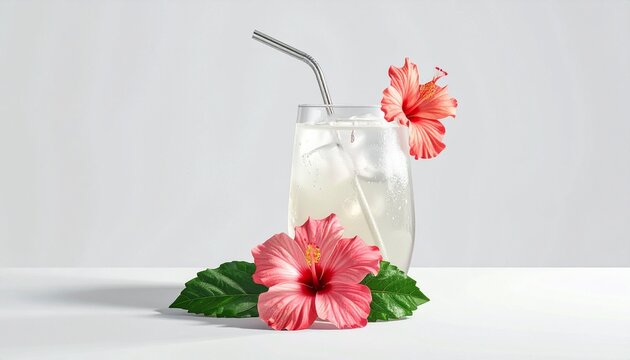 Refreshing Summer Vacation drink with pink hibiscus flowers on a white background, perfect for Travel and relaxation
