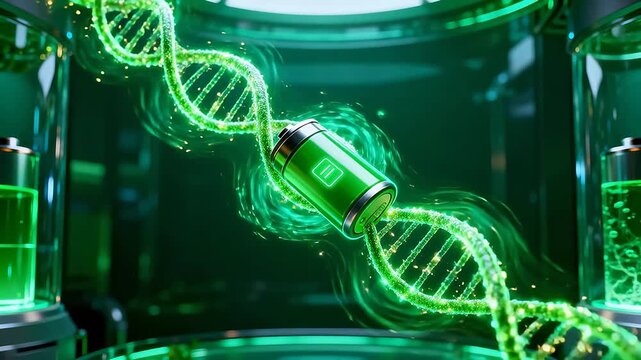 Green glowing DNA double helix with battery and energy effects in futuristic laboratory