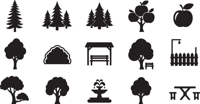 Black silhouette collection of park and garden icons featuring coniferous and deciduous trees, apple tree, garden fountain, gazebo, picket fence, and picnic table set.