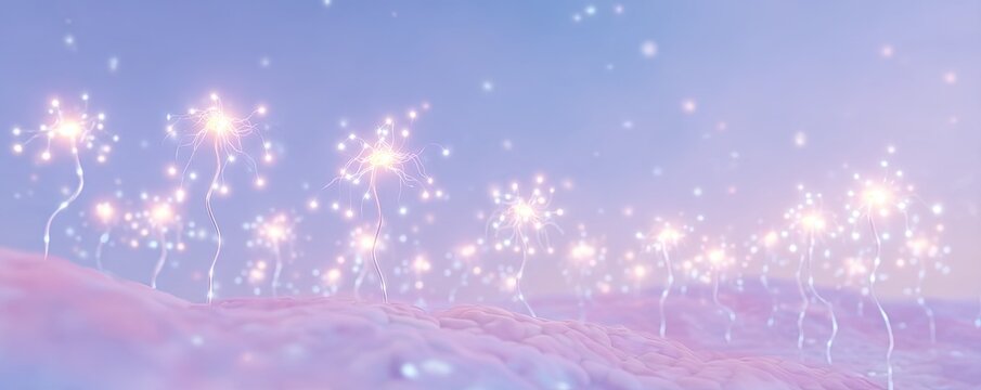 Brain Synapse Network in Abstract Neural Landscape with Glowing Connections and Dreamy Pastel Background