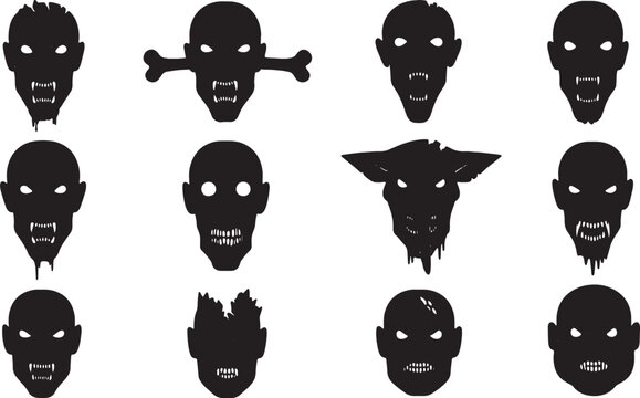 Collection of twelve distinct black horror monster head silhouettes featuring zombies, vampires, and demons with sharp fangs and hollow eyes isolated on a plain white background.