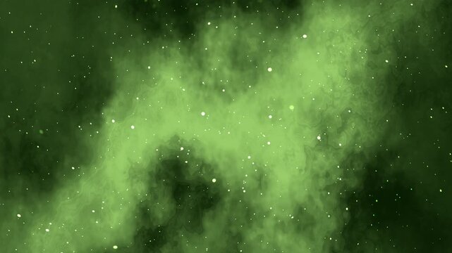 Abstract video background featuring a green nebula-like galaxy scene with glowing light particles, drifting cosmic clouds, and a sensation of moving through deep space.