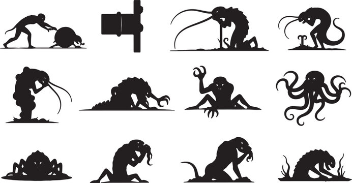Collection of twelve black silhouette illustrations featuring diverse fantasy monsters, eldritch creatures, alien entities, insectoid beasts, and dark mythological beings on white.