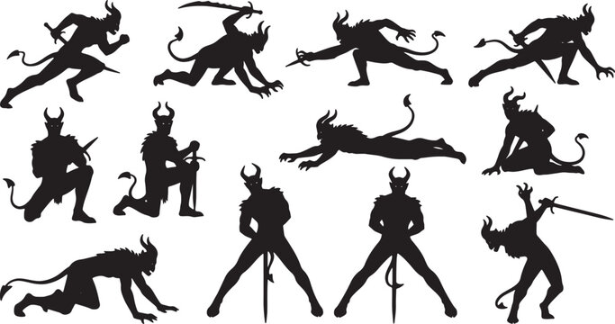 Collection of black silhouettes featuring demons and devils in dynamic combat poses; horned monsters with swords and daggers in jumping, crawling, and kneeling stances on white.